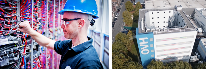 Collage of technician working on a server and an OVH datacenter location