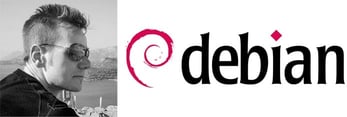 Debian logo and Project Leader Chris Lamb
