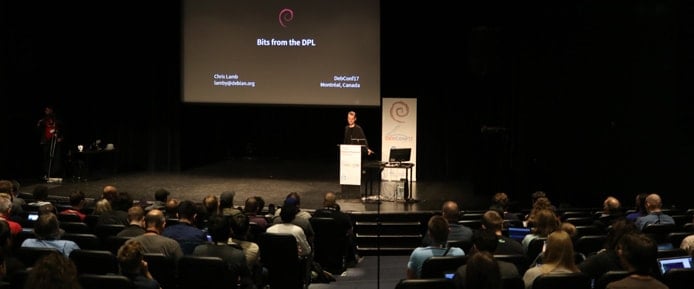 Debian Project Leader Chris Lamb speaking at DebConf Debian Project Leader Chris Lamb speaking at DebConf