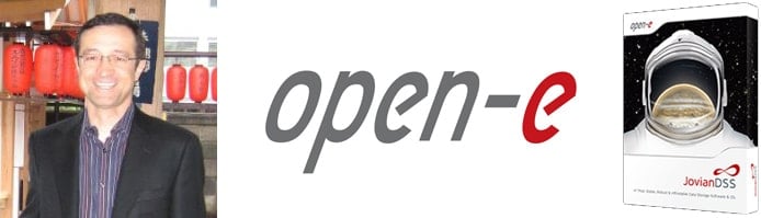 Image of Krzysztof Franek with the Open-E logo and JovianDSS product box Image of Krzysztof Franek with the Open-E logo and JovianDSS product box
