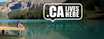 Photo of a woman sitting on a dock looking out at a mountain-top lake and the text ".CA LIVES HERE"