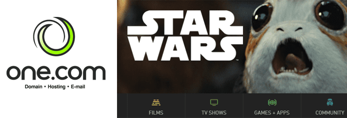 Collage of the One.com logo and a screenshot of the StarWars.com homepage Collage of the One.com logo and a screenshot of the StarWars.com homepage