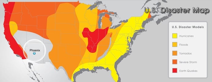 Map of US disaster areas and the Crucial Hosting datacenter location Map of US disaster areas and the Crucial Hosting datacenter location