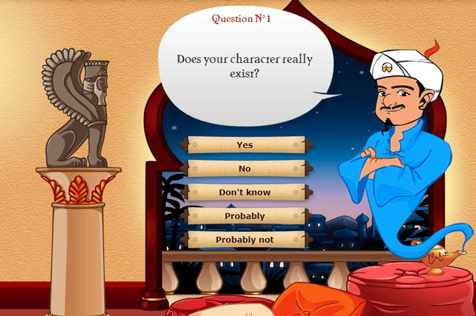 Screenshot of game play on Akinator the Web Genie