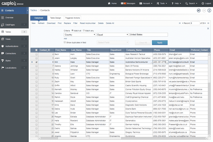 Screenshot of Caspio's online database Screenshot of Caspio's online database