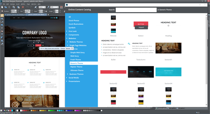 Screenshot of Xara's web design interface Screenshot of Xara's web design interface
