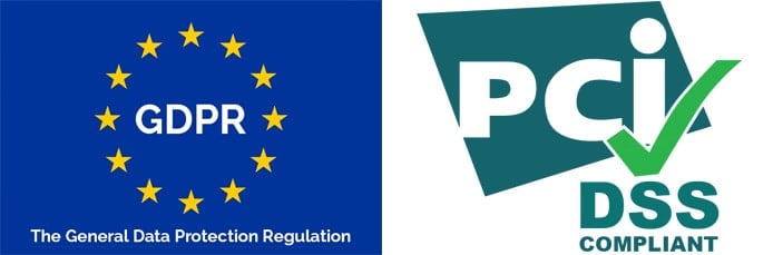 Logos of GDPR and PCI standards Logos of GDPR and PCI standards
