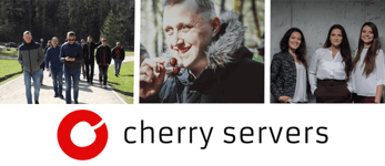 Photo collage of the Cherry Servers team and the Cherry Servers logo