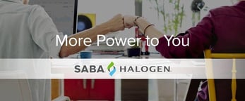 Promotional graphic containing the Saba Software and Halogen logos
