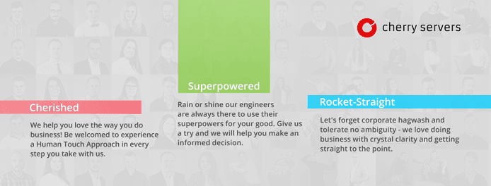 Text-based graphic depicting the benefits Cherry Servers's customer service and server solutions