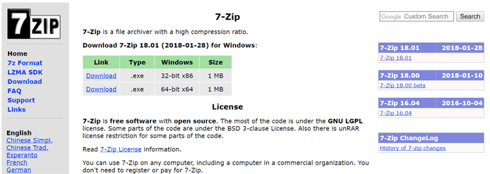 Screenshot of the 7-Zip homepage Screenshot of the 7-Zip homepage