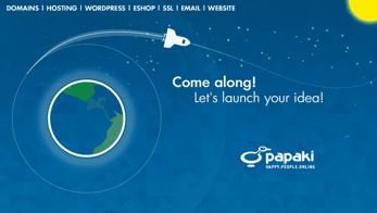 Promotional graphic listing Papaki's web services and showing a space shuttle Earth
