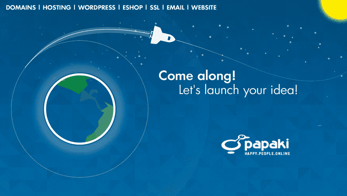 Promotional graphic listing Papaki's web services and showing a space shuttle Earth Promotional graphic listing Papaki's web services and showing a space shuttle Earth