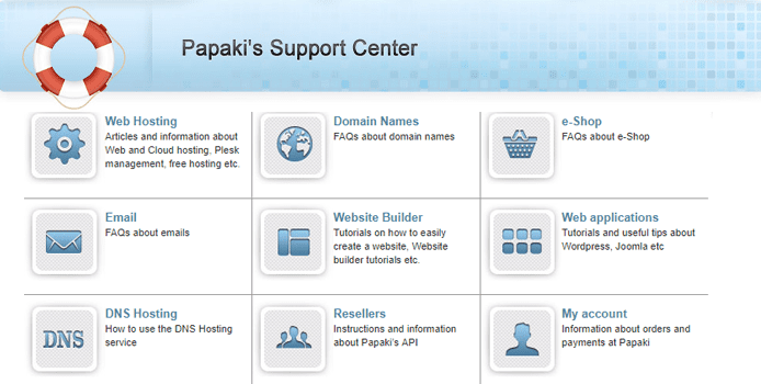 Screenshot of Papaki's Customer Support center webpage