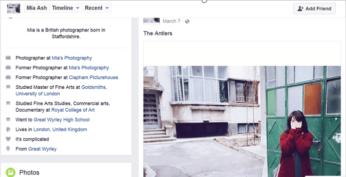 Screenshot of the fake Mia Ash social media account Screenshot of the fake Mia Ash social media account