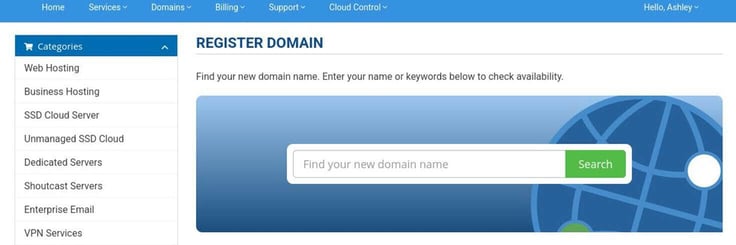 Register domain screen on Hostwinds Register domain screen on Hostwinds