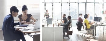 Images of people working at computers in an office setting