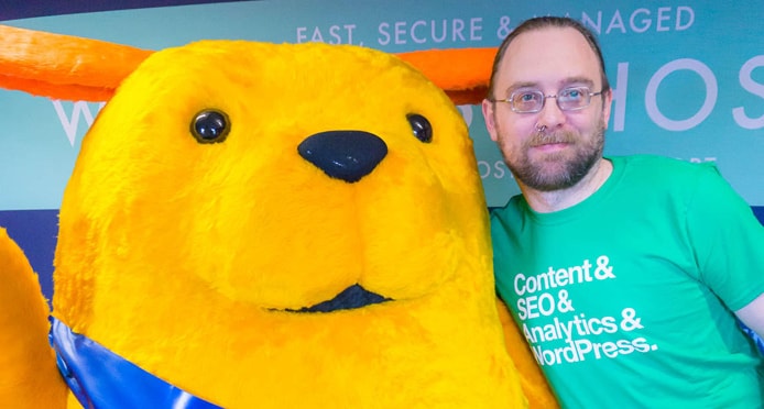 Image of 34SP.com Co-Founder Stuart Melling with WordPress mascot Wapuu Image of 34SP.com Co-Founder Stuart Melling with WordPress mascot Wapuu