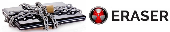 Image of Eraser logo and laptop secured with chain Image of Eraser logo and laptop secured with chain