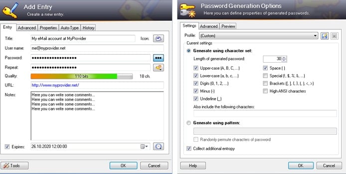 Screenshots of KeePass password generation