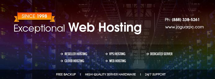 Promotional graphic listing JaguarPC's hosting services and the text 