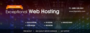 Promotional graphic listing JaguarPC's hosting services and the text "Exceptional Web Hosting"