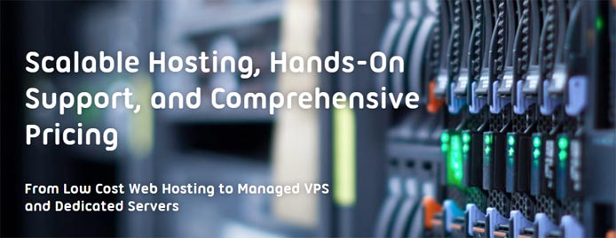 Photo of a server and the text "Scalable hosting, hands-on support, and comprehensive pricing" Photo of a server and the text "Scalable hosting, hands-on support, and comprehensive pricing"