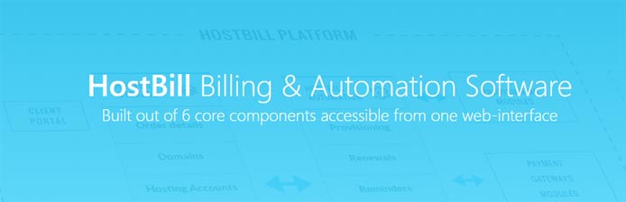 Graphic with the text "HostBill Billing & Automation Software" overlaid on top of a flowchart 
