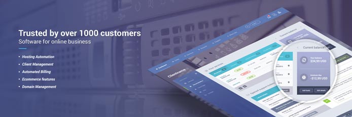 Screenshot of the HostBill homepage with the text "Trusted by over 1,000 customers"