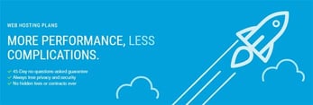 Promotional graphic with a rocket soaring through the clouds and the text "More Performance, Less Complications."