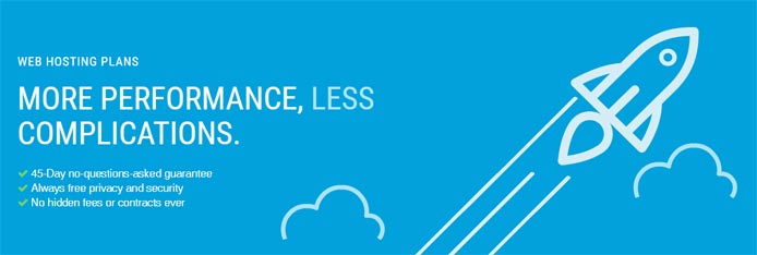 Promotional graphic with a rocket soaring through the clouds and the text "More Performance, Less Complications." Promotional graphic with a rocket soaring through the clouds and the text "More Performance, Less Complications."