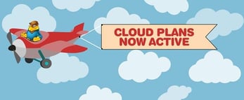 Hawk Host mascot flying a plane with a banner that reads "Cloud Plans Now Active"