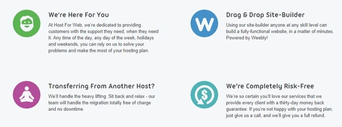 Screenshot listing HostForWeb selling points Screenshot listing HostForWeb selling points