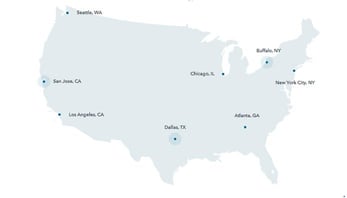 A map of the US with points indicating ColoCrossing datacenter locations