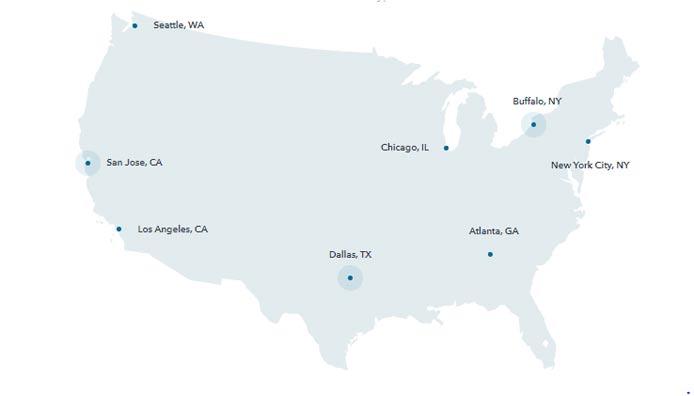 A map of the US with points indicating ColoCrossing datacenter locations A map of the US with points indicating ColoCrossing datacenter locations