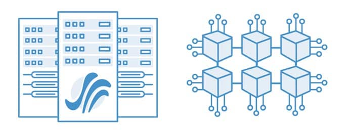 Graphic depicting servers and blocks representing digital storage