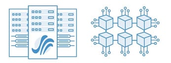 Graphic depicting servers and blocks representing digital storage