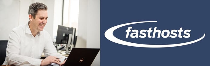 Fasthosts CEO Simon Yeoman and company logo Fasthosts CEO Simon Yeoman and company logo