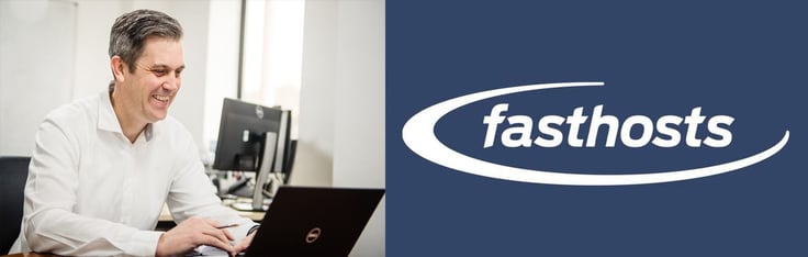 Fasthosts CEO Simon Yeoman and company logo Fasthosts CEO Simon Yeoman and company logo