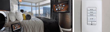 Collage of Control4 smart hotel room and controls Collage of Control4 smart hotel room and controls