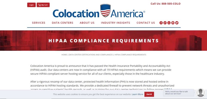 Screenshot of Colocation America HIPAA-compliant hosting Screenshot of Colocation America HIPAA-compliant hosting
