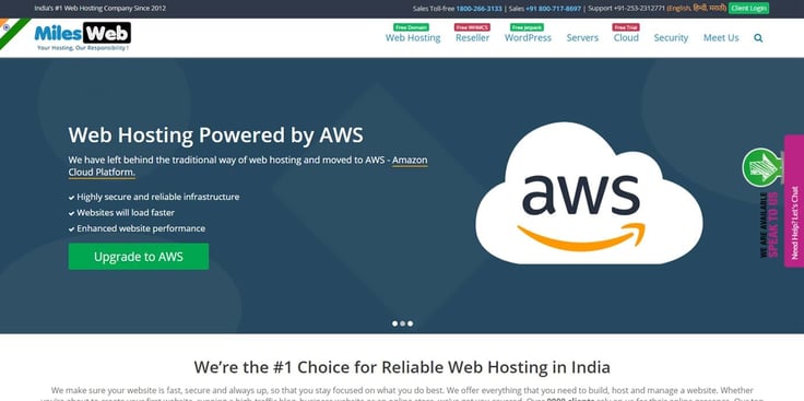 Screenshot of MilesWeb homepage