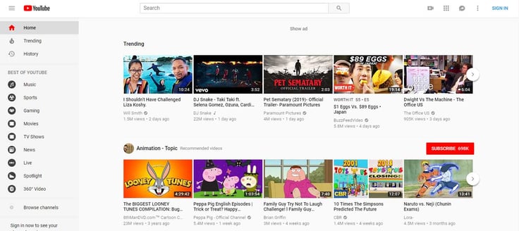 Screenshot of YouTube