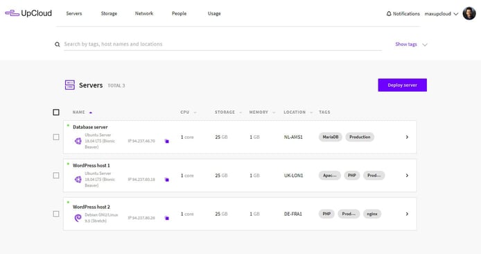 Screenshot of UpCloud's control panel
