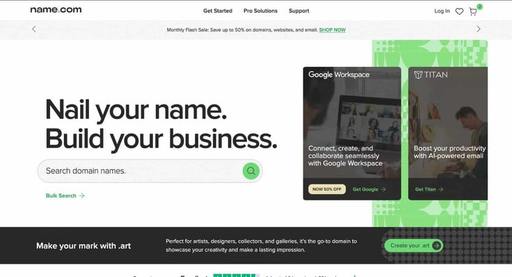 The Name.com website lets you search for and purchase domain names.