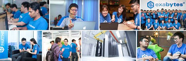 Collage of images showing Exabytes employees and datacenter space
