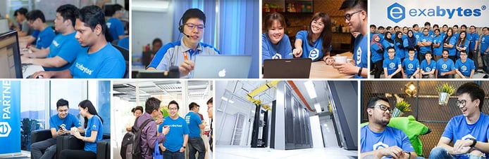 Collage of images showing Exabytes employees and datacenter space Collage of images showing Exabytes employees and datacenter space