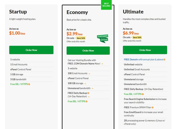 Screenshot of Exabytes shared hosting price tables