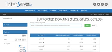 Screenshot of InterServer domain registration page
