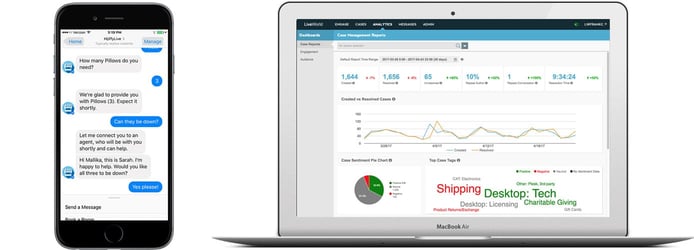 Image of a laptop showing the LiveWorld dashboard and cellphone showing a chatbot interaction Image of a laptop showing the LiveWorld dashboard and cellphone showing a chatbot interaction